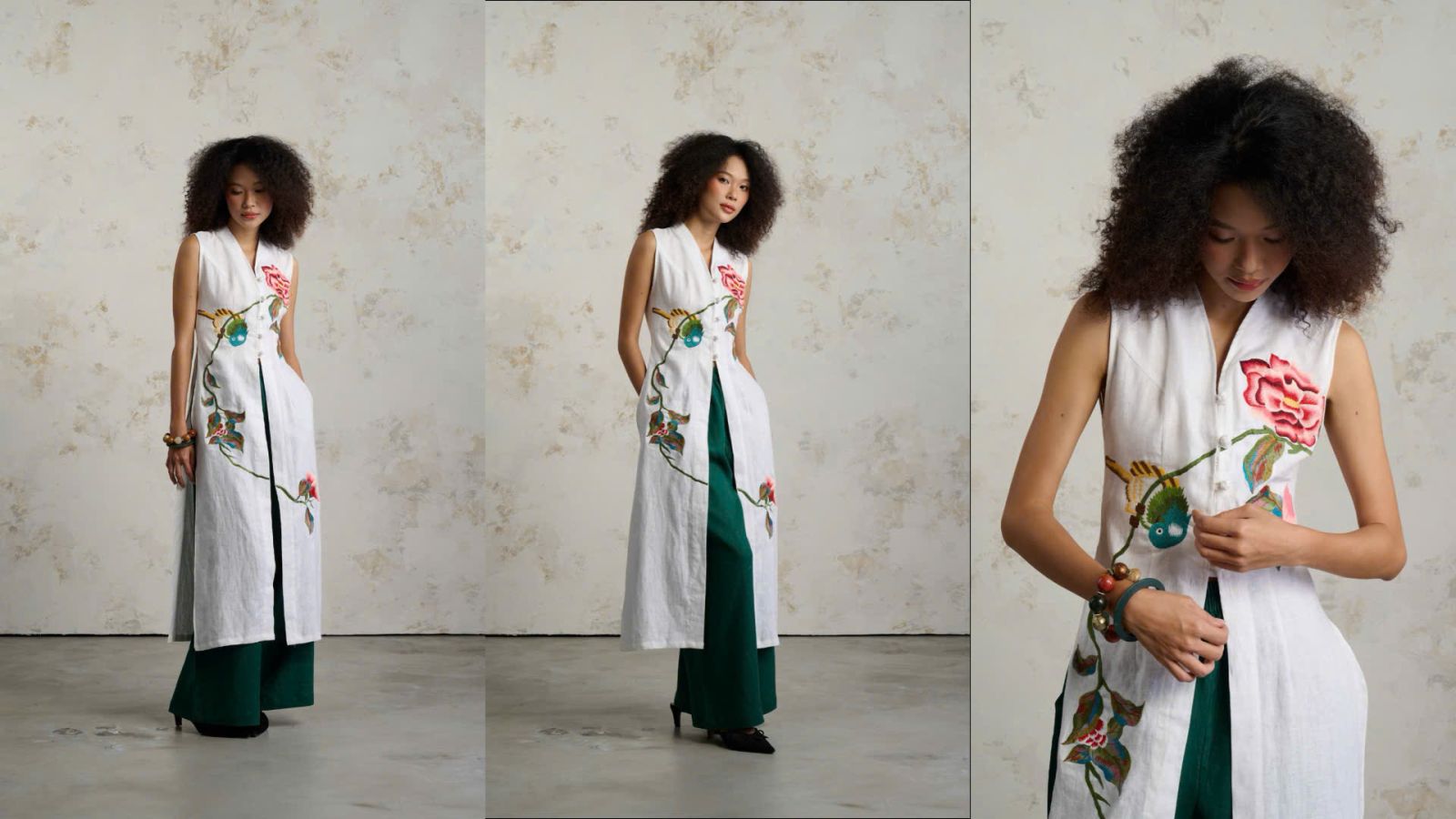 Custom-made layered linen outfit with floral embroidery by TuyetLan OrchidSilk
